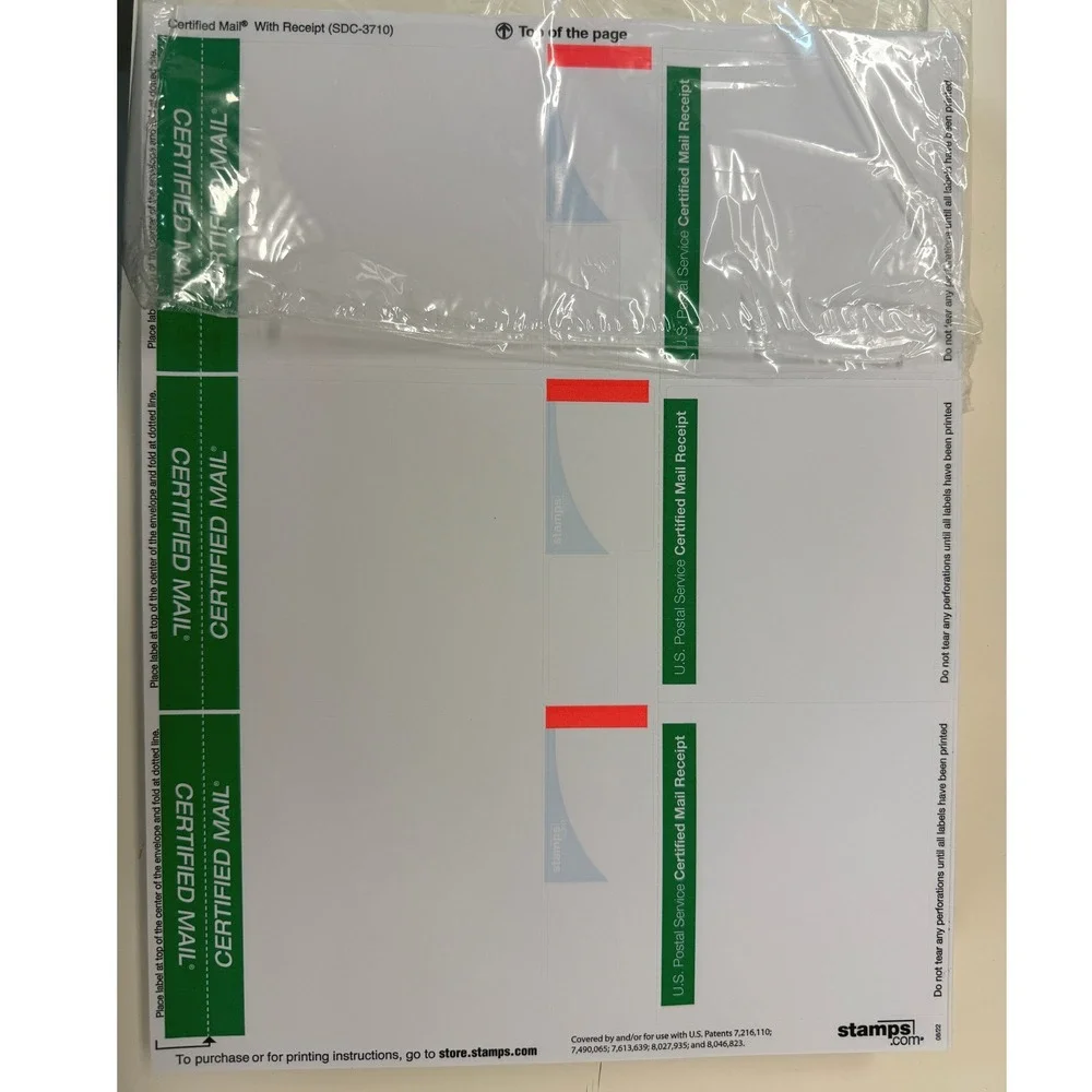 Stamps.com SDC-3710 USPS Certified Mail Labels w/Receipt Sheets New Laser/Inkjet